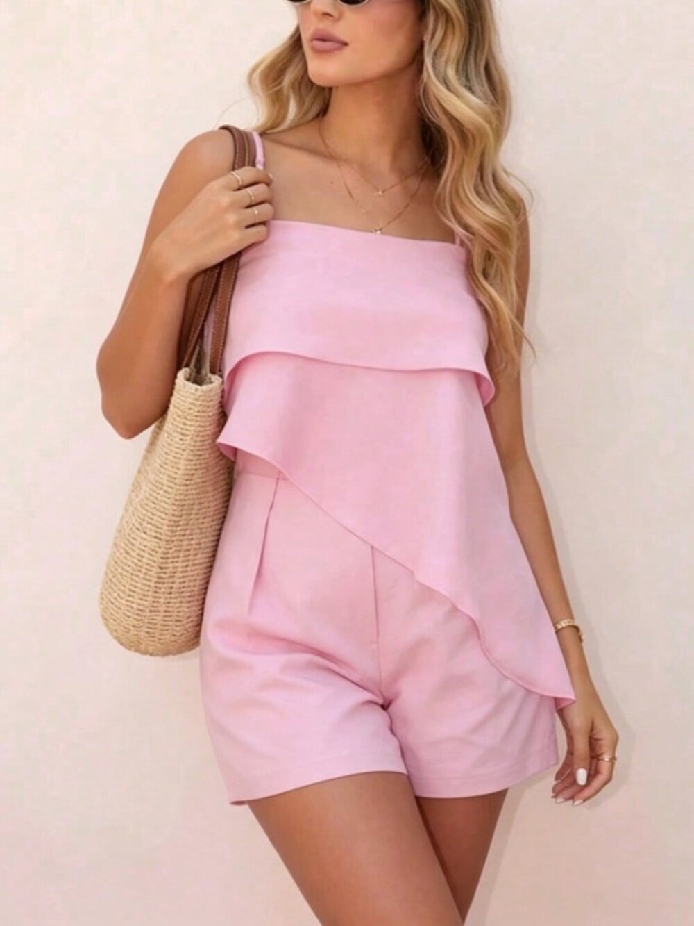 Pink Casual Women's Vacation Asymmetric Hem Camisole And Shorts coord Set